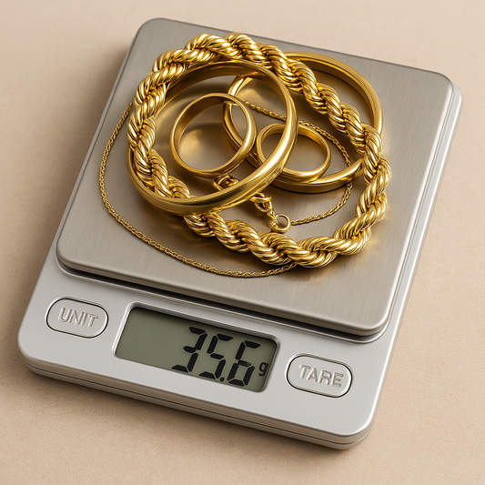 AI image of gold jewelry on a digital scale that says 35.6 grams