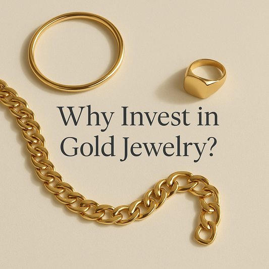 A collection of 18k gold jewellery, including a rope chain, bangle, and rings, displayed on a digital weighing scale reading 35.6 grams. The background is a soft beige tone.