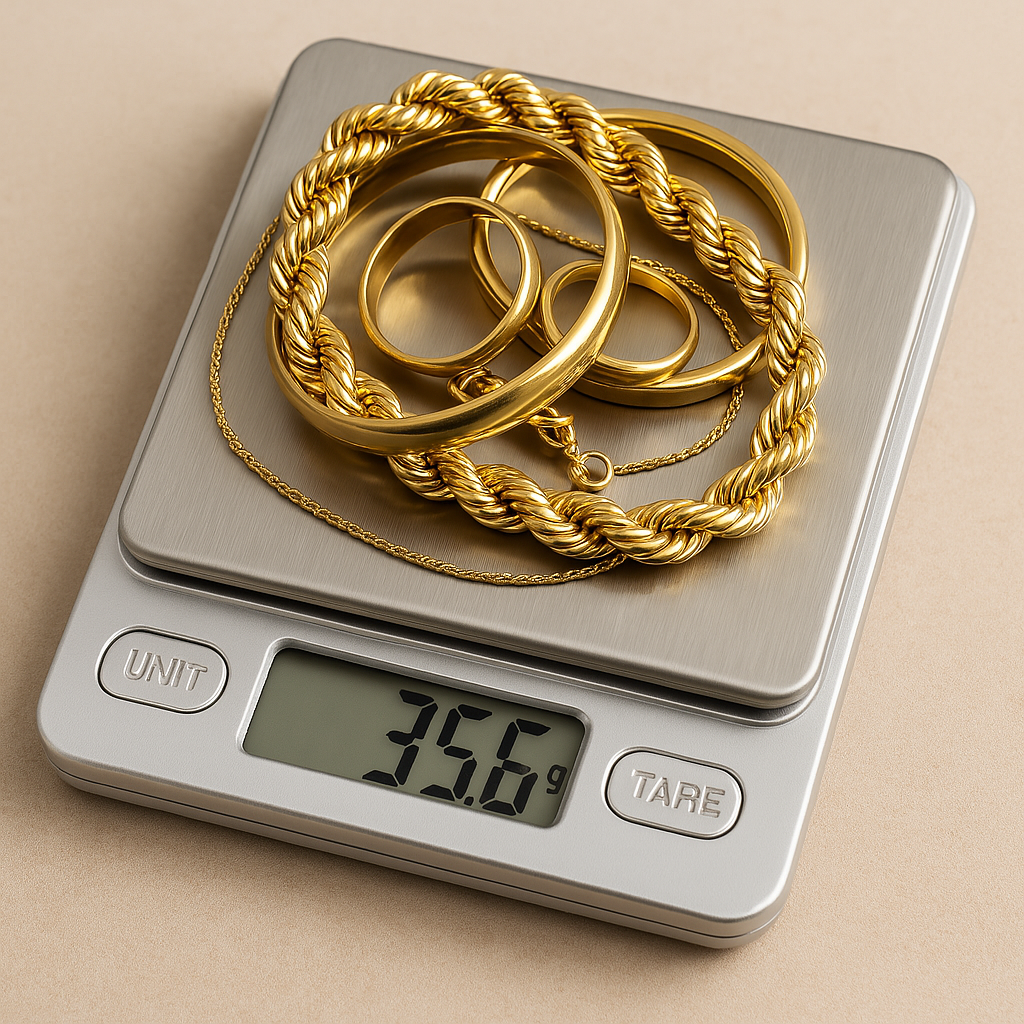AI image of gold jewelry on a digital scale that says 35.6 grams