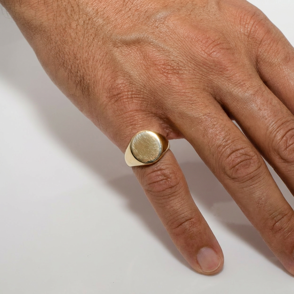 Hand wearing a gold ring on a light background