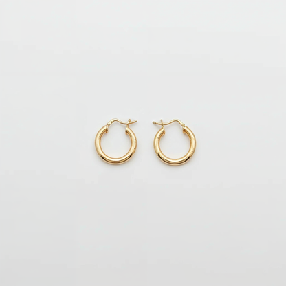 Gold hoop earrings on a light gray background